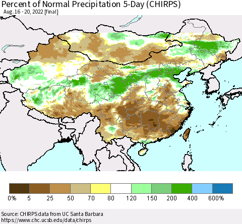 China, Mongolia and Taiwan Percent of Normal Precipitation 5-Day (CHIRPS) Thematic Map For 8/16/2022 - 8/20/2022