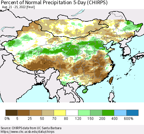 China, Mongolia and Taiwan Percent of Normal Precipitation 5-Day (CHIRPS) Thematic Map For 8/21/2022 - 8/25/2022