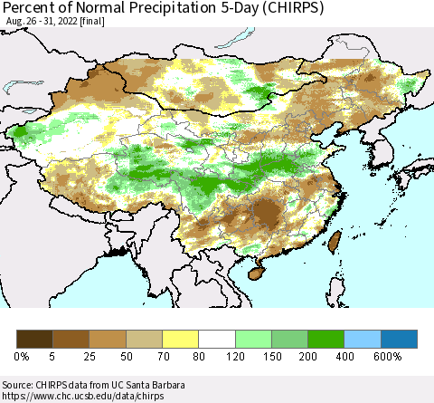 China, Mongolia and Taiwan Percent of Normal Precipitation 5-Day (CHIRPS) Thematic Map For 8/26/2022 - 8/31/2022