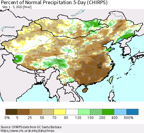 China, Mongolia and Taiwan Percent of Normal Precipitation 5-Day (CHIRPS) Thematic Map For 9/1/2022 - 9/5/2022