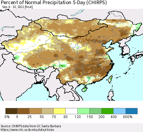 China, Mongolia and Taiwan Percent of Normal Precipitation 5-Day (CHIRPS) Thematic Map For 9/6/2022 - 9/10/2022