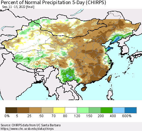 China, Mongolia and Taiwan Percent of Normal Precipitation 5-Day (CHIRPS) Thematic Map For 9/11/2022 - 9/15/2022