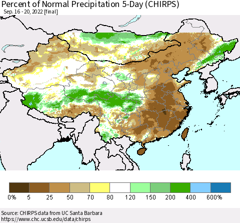 China, Mongolia and Taiwan Percent of Normal Precipitation 5-Day (CHIRPS) Thematic Map For 9/16/2022 - 9/20/2022