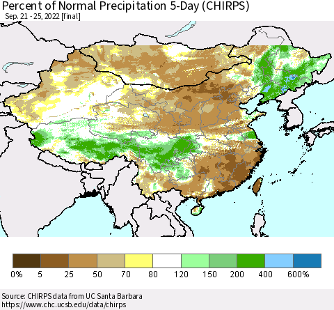 China, Mongolia and Taiwan Percent of Normal Precipitation 5-Day (CHIRPS) Thematic Map For 9/21/2022 - 9/25/2022