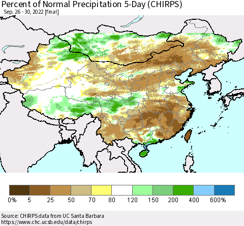 China, Mongolia and Taiwan Percent of Normal Precipitation 5-Day (CHIRPS) Thematic Map For 9/26/2022 - 9/30/2022