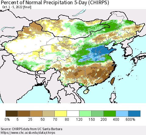 China, Mongolia and Taiwan Percent of Normal Precipitation 5-Day (CHIRPS) Thematic Map For 10/1/2022 - 10/5/2022