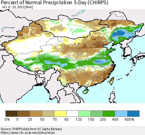 China, Mongolia and Taiwan Percent of Normal Precipitation 5-Day (CHIRPS) Thematic Map For 10/6/2022 - 10/10/2022