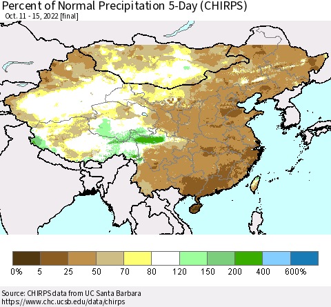 China, Mongolia and Taiwan Percent of Normal Precipitation 5-Day (CHIRPS) Thematic Map For 10/11/2022 - 10/15/2022