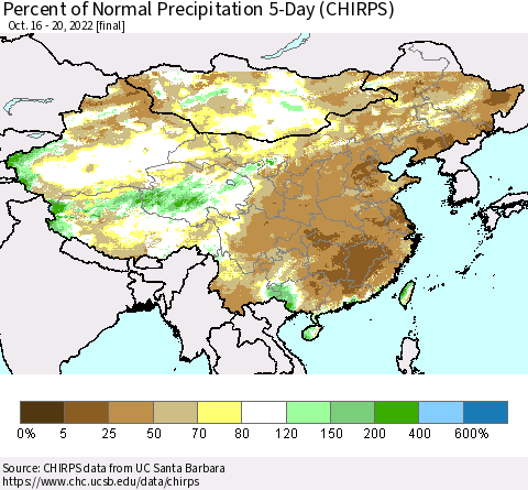 China, Mongolia and Taiwan Percent of Normal Precipitation 5-Day (CHIRPS) Thematic Map For 10/16/2022 - 10/20/2022
