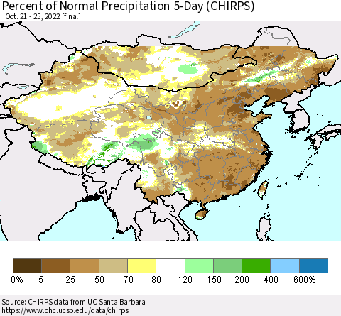 China, Mongolia and Taiwan Percent of Normal Precipitation 5-Day (CHIRPS) Thematic Map For 10/21/2022 - 10/25/2022