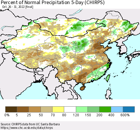 China, Mongolia and Taiwan Percent of Normal Precipitation 5-Day (CHIRPS) Thematic Map For 10/26/2022 - 10/31/2022