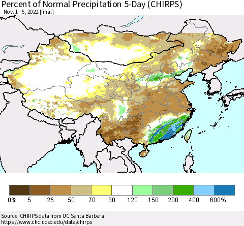 China, Mongolia and Taiwan Percent of Normal Precipitation 5-Day (CHIRPS) Thematic Map For 11/1/2022 - 11/5/2022