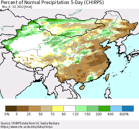 China, Mongolia and Taiwan Percent of Normal Precipitation 5-Day (CHIRPS) Thematic Map For 11/6/2022 - 11/10/2022