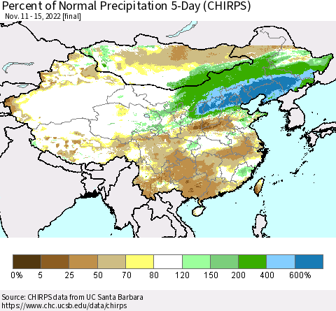 China, Mongolia and Taiwan Percent of Normal Precipitation 5-Day (CHIRPS) Thematic Map For 11/11/2022 - 11/15/2022
