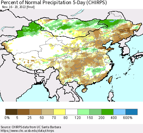 China, Mongolia and Taiwan Percent of Normal Precipitation 5-Day (CHIRPS) Thematic Map For 11/16/2022 - 11/20/2022
