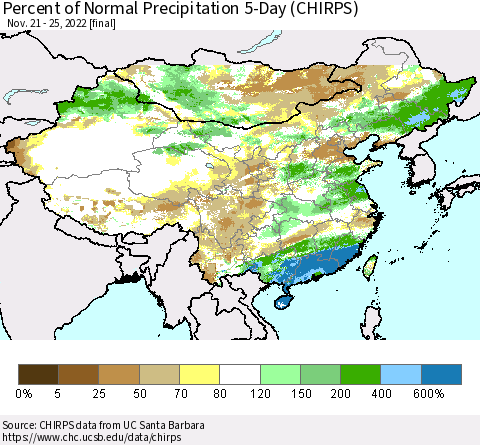 China, Mongolia and Taiwan Percent of Normal Precipitation 5-Day (CHIRPS) Thematic Map For 11/21/2022 - 11/25/2022