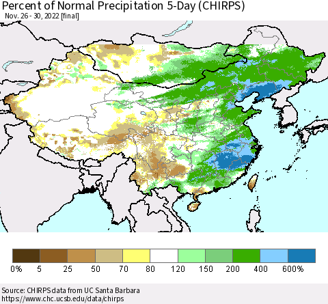 China, Mongolia and Taiwan Percent of Normal Precipitation 5-Day (CHIRPS) Thematic Map For 11/26/2022 - 11/30/2022