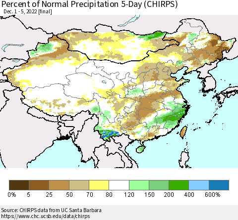 China, Mongolia and Taiwan Percent of Normal Precipitation 5-Day (CHIRPS) Thematic Map For 12/1/2022 - 12/5/2022