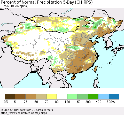 China, Mongolia and Taiwan Percent of Normal Precipitation 5-Day (CHIRPS) Thematic Map For 12/6/2022 - 12/10/2022