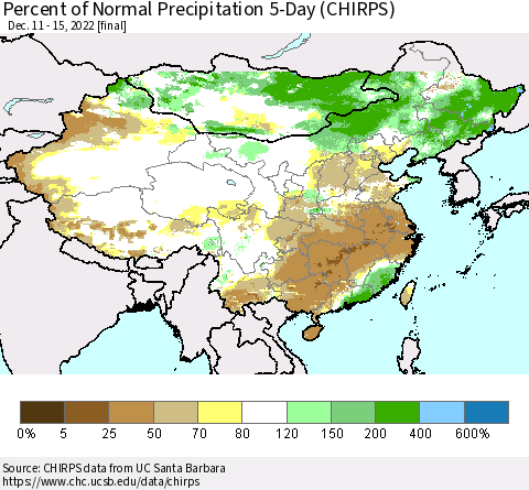 China, Mongolia and Taiwan Percent of Normal Precipitation 5-Day (CHIRPS) Thematic Map For 12/11/2022 - 12/15/2022