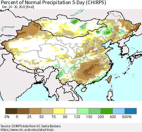 China, Mongolia and Taiwan Percent of Normal Precipitation 5-Day (CHIRPS) Thematic Map For 12/16/2022 - 12/20/2022