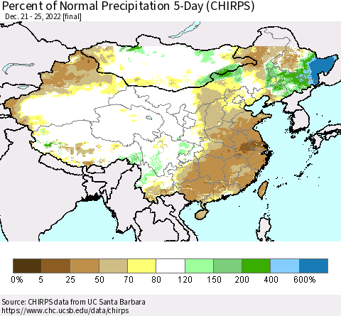 China, Mongolia and Taiwan Percent of Normal Precipitation 5-Day (CHIRPS) Thematic Map For 12/21/2022 - 12/25/2022