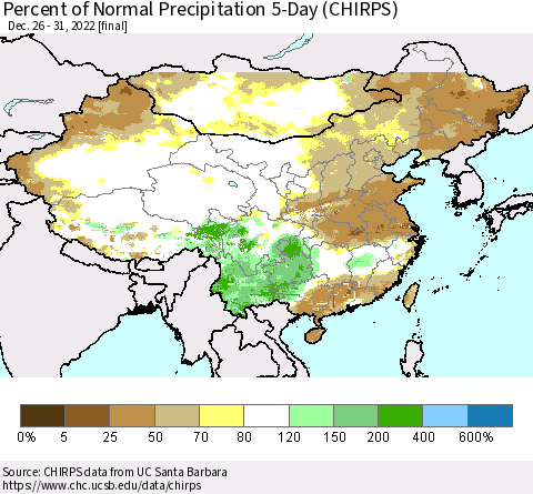 China, Mongolia and Taiwan Percent of Normal Precipitation 5-Day (CHIRPS) Thematic Map For 12/26/2022 - 12/31/2022