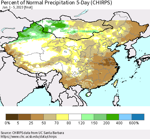 China, Mongolia and Taiwan Percent of Normal Precipitation 5-Day (CHIRPS) Thematic Map For 1/1/2023 - 1/5/2023