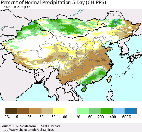 China, Mongolia and Taiwan Percent of Normal Precipitation 5-Day (CHIRPS) Thematic Map For 1/6/2023 - 1/10/2023