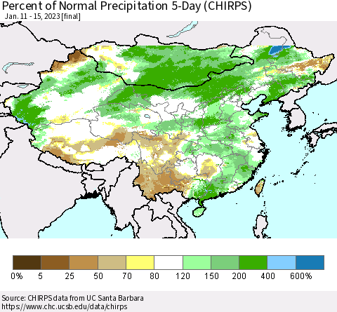 China, Mongolia and Taiwan Percent of Normal Precipitation 5-Day (CHIRPS) Thematic Map For 1/11/2023 - 1/15/2023