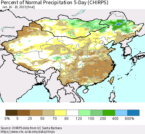 China, Mongolia and Taiwan Percent of Normal Precipitation 5-Day (CHIRPS) Thematic Map For 1/16/2023 - 1/20/2023