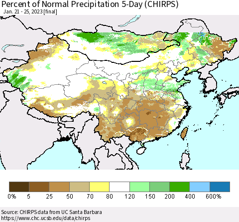 China, Mongolia and Taiwan Percent of Normal Precipitation 5-Day (CHIRPS) Thematic Map For 1/21/2023 - 1/25/2023