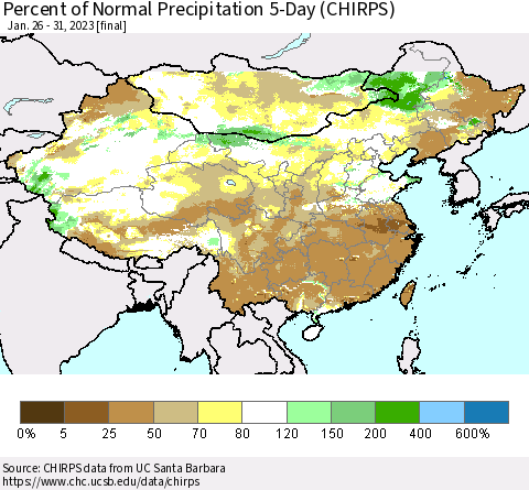 China, Mongolia and Taiwan Percent of Normal Precipitation 5-Day (CHIRPS) Thematic Map For 1/26/2023 - 1/31/2023