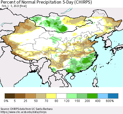 China, Mongolia and Taiwan Percent of Normal Precipitation 5-Day (CHIRPS) Thematic Map For 2/1/2023 - 2/5/2023