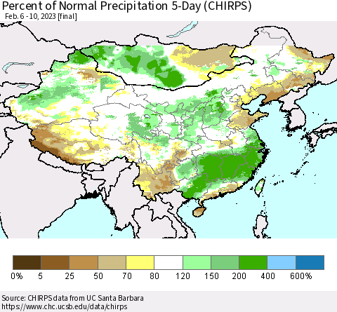 China, Mongolia and Taiwan Percent of Normal Precipitation 5-Day (CHIRPS) Thematic Map For 2/6/2023 - 2/10/2023