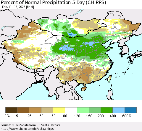 China, Mongolia and Taiwan Percent of Normal Precipitation 5-Day (CHIRPS) Thematic Map For 2/11/2023 - 2/15/2023