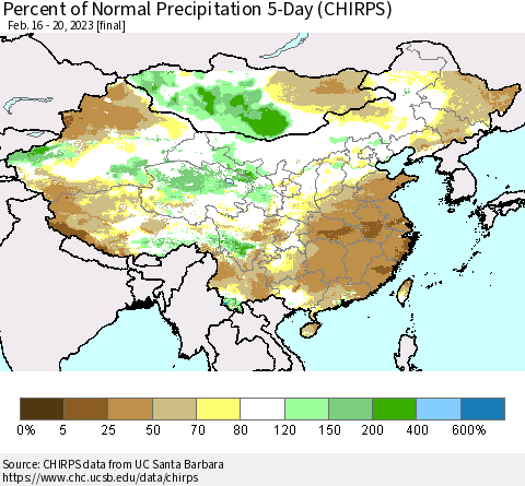 China, Mongolia and Taiwan Percent of Normal Precipitation 5-Day (CHIRPS) Thematic Map For 2/16/2023 - 2/20/2023