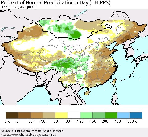 China, Mongolia and Taiwan Percent of Normal Precipitation 5-Day (CHIRPS) Thematic Map For 2/21/2023 - 2/25/2023