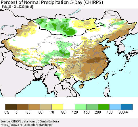 China, Mongolia and Taiwan Percent of Normal Precipitation 5-Day (CHIRPS) Thematic Map For 2/26/2023 - 2/28/2023