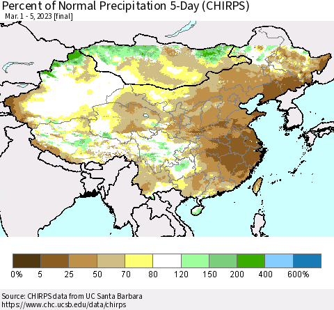 China, Mongolia and Taiwan Percent of Normal Precipitation 5-Day (CHIRPS) Thematic Map For 3/1/2023 - 3/5/2023