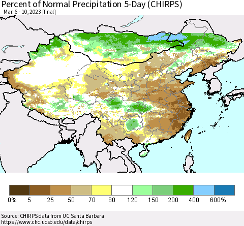 China, Mongolia and Taiwan Percent of Normal Precipitation 5-Day (CHIRPS) Thematic Map For 3/6/2023 - 3/10/2023