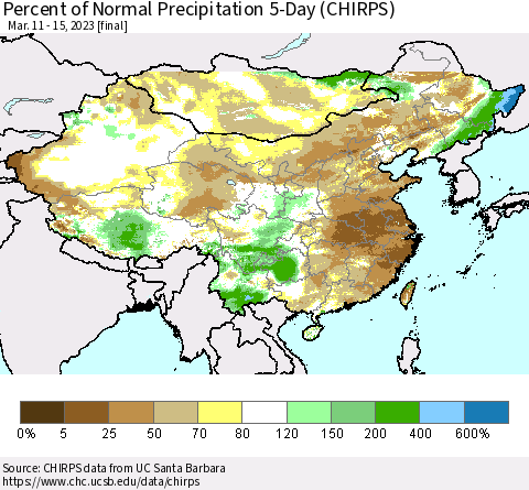 China, Mongolia and Taiwan Percent of Normal Precipitation 5-Day (CHIRPS) Thematic Map For 3/11/2023 - 3/15/2023