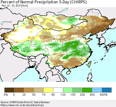 China, Mongolia and Taiwan Percent of Normal Precipitation 5-Day (CHIRPS) Thematic Map For 3/16/2023 - 3/20/2023