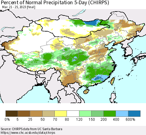 China, Mongolia and Taiwan Percent of Normal Precipitation 5-Day (CHIRPS) Thematic Map For 3/21/2023 - 3/25/2023