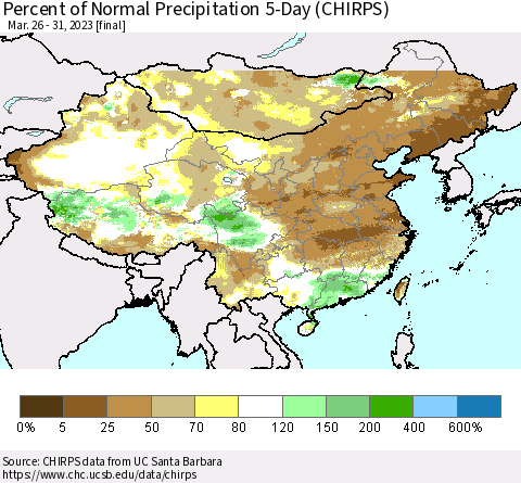 China, Mongolia and Taiwan Percent of Normal Precipitation 5-Day (CHIRPS) Thematic Map For 3/26/2023 - 3/31/2023