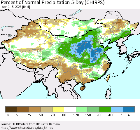 China, Mongolia and Taiwan Percent of Normal Precipitation 5-Day (CHIRPS) Thematic Map For 4/1/2023 - 4/5/2023