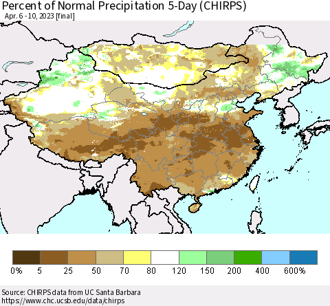 China, Mongolia and Taiwan Percent of Normal Precipitation 5-Day (CHIRPS) Thematic Map For 4/6/2023 - 4/10/2023