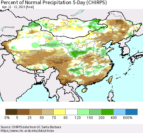 China, Mongolia and Taiwan Percent of Normal Precipitation 5-Day (CHIRPS) Thematic Map For 4/11/2023 - 4/15/2023