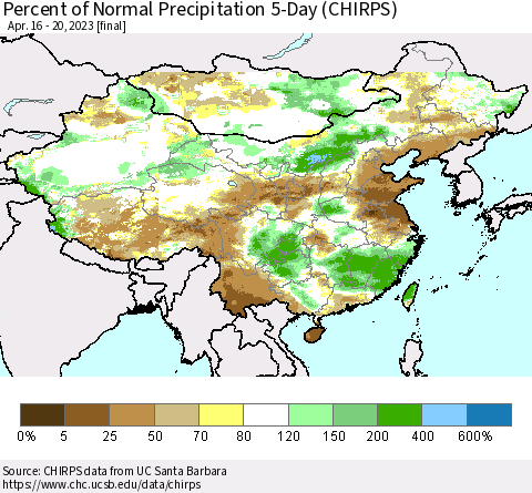 China, Mongolia and Taiwan Percent of Normal Precipitation 5-Day (CHIRPS) Thematic Map For 4/16/2023 - 4/20/2023