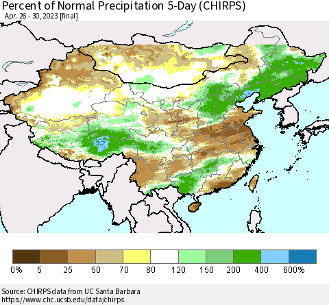 China, Mongolia and Taiwan Percent of Normal Precipitation 5-Day (CHIRPS) Thematic Map For 4/26/2023 - 4/30/2023